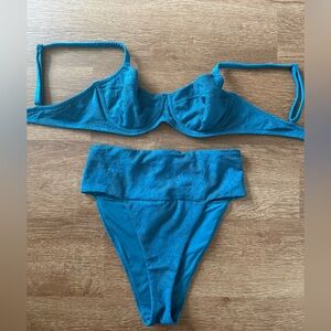 Aerie blue lace bikini underwire bra top, high waisted bottoms size 34C & small